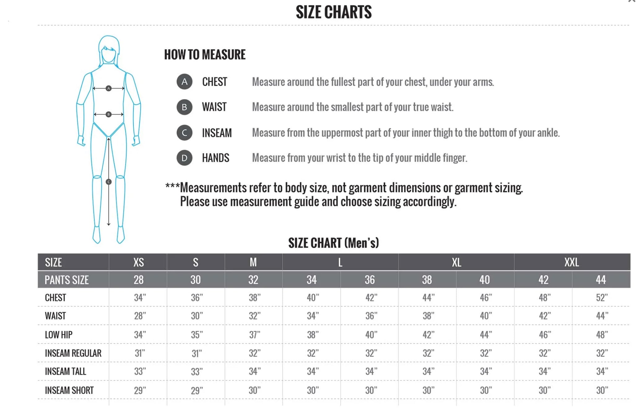 Flylow Gear Men’s Size Chart